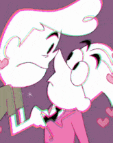 a couple of cartoon characters kissing with hearts behind them