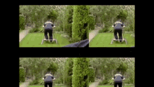 a man in a police uniform is pushing a lawn mower up a hill