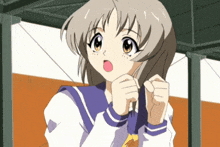 a cartoon girl with a surprised look on her face is wearing a school uniform