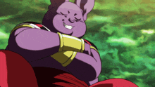 a purple cartoon character with his eyes closed is smiling