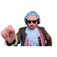 a man wearing a wig and headphones is pointing his finger