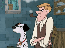 a dalmatian dog is sitting next to a man smoking a pipe