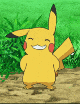 a pikachu standing on a dirt path with a green background