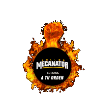 a logo for taller mecanator with a fist in flames