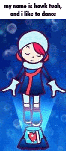 a cartoon girl is standing on top of a heart shaped object .