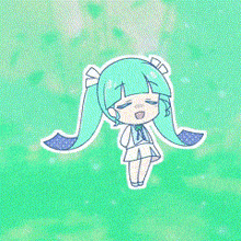 a cartoon girl with green hair and a blue bow is sitting on a green background .