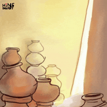 a drawing of clay pots with hins digiart written on the bottom right