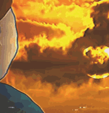 a cartoon drawing of a man standing in front of a sunset sky