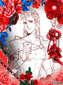 a drawing of a man holding a glass of wine with roses and gears around him