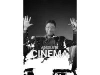a black and white photo of a man with the words absolute cinema behind him