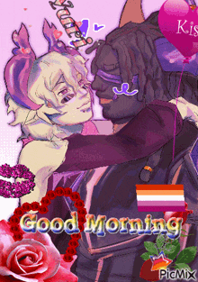 a picture of a couple kissing with the words good morning on it