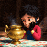 a cartoon character looking at a gold vase