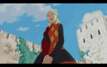 a woman in a red and black dress stands in front of a castle wall