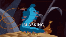 a blue caterpillar from alice in wonderland is sitting on a bed and asking who are you .