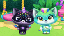 two cartoon characters are standing next to each other in a park .