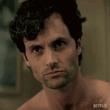 a shirtless man with curly hair and a beard is looking at the camera with a netflix logo in the corner .