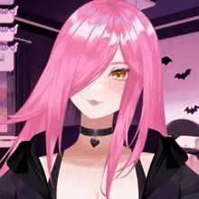a girl with long pink hair wearing a black choker