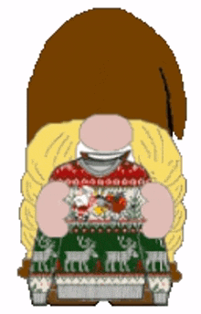 a pixel art of a person wearing a christmas sweater holding a plate of food