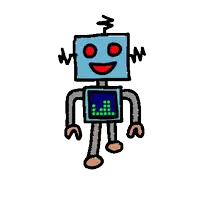 a cartoon drawing of a robot with green eyes .