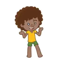 a cartoon drawing of a boy with curly hair wearing a yellow shirt and green shorts