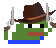 a pixel art of a green frog wearing a cowboy hat and holding a yellow balloon .