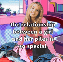 a picture of britney spears with the words the relationship between a girl and her piles is so special on the bottom