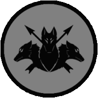 a silhouette of a wolf with three heads and two arrows crossed over it