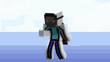 a 3d model of a minecraft character with a blue shirt and purple pants