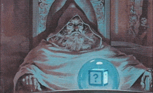 a man with a beard sits in front of a glass ball with a question mark on it