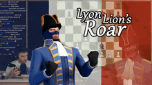 a video game called lyon lion 's roar shows a man in a blue uniform