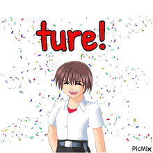 a picture of a boy with the word ture written in red