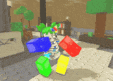 a skeleton is holding a bunch of colorful blocks in a video game