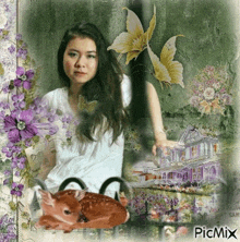 a picture of a woman surrounded by purple flowers and a deer with a picmix watermark