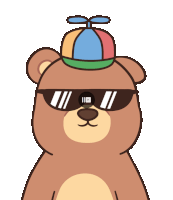a brown teddy bear wearing sunglasses and a hat with a propeller on top
