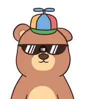 a brown teddy bear wearing sunglasses and a hat with a propeller on top