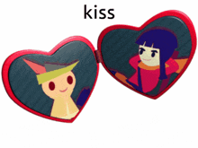 a red heart shaped mirror with a picture of a boy and a girl on it
