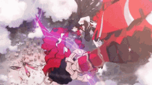 a cartoon character is flying through the air with a red robot .