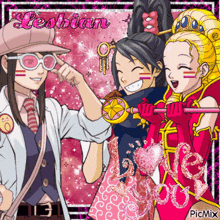 a picture of three anime girls with the word lesbian written on it
