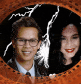 a man and a woman are in a frame with a lightning bolt behind them