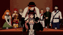 a group of cartoon characters are standing around a table with cups of tea