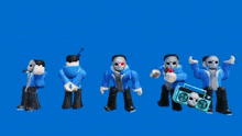 a group of toy figures with masks on their faces are standing next to each other on a blue background .
