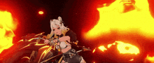 a girl in a video game is holding a sword in front of a fire