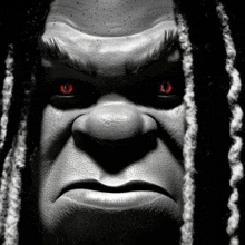 a black and white photo of a cartoon character with dreadlocks and red eyes .