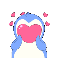 a penguin is holding a pink heart in front of its mouth