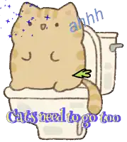 a cartoon cat is sitting on a toilet with the words " cats need to go too " below it