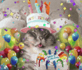 a cat wearing a birthday hat laying next to a cake that says happy birthday