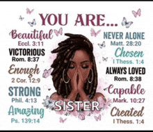 a poster that says you are beautiful victorious enough strong amazing sister created