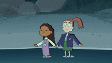 two cartoon characters are holding hands and smiling in a dark scene