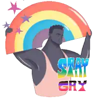 a cartoon of a man holding a rainbow and the words " stay gay "