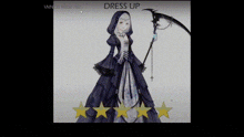 a drawing of a woman in a black dress with a scythe and the words dress up below her